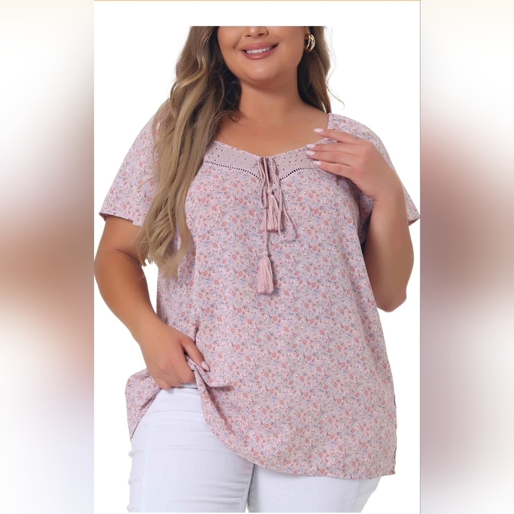 2 For $20 Floral Crochet Boho, Peasant Blouse in Light Pink‎ With Tassles.